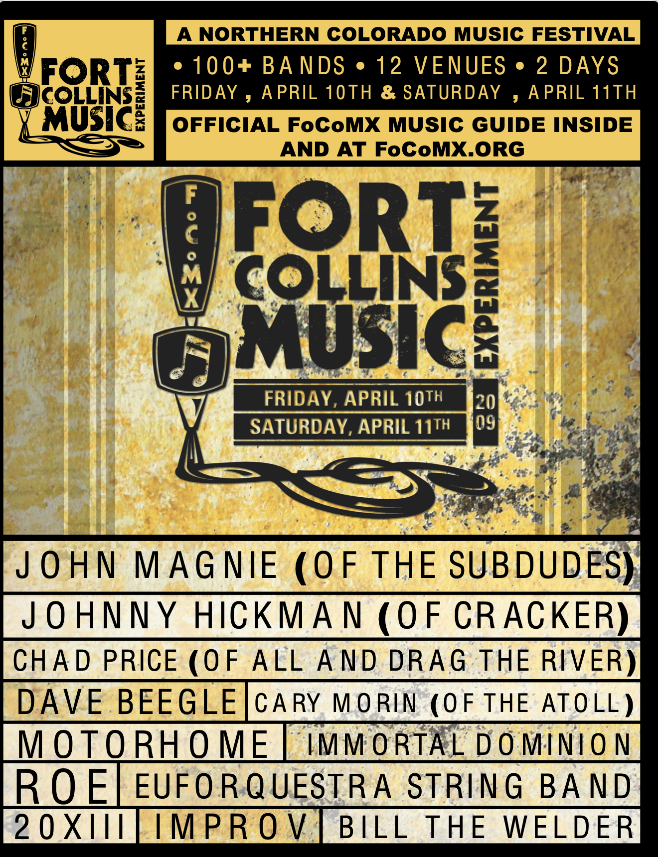 yellow poster with FoCoMX logo, John Magne, Johnny Hickman, Motorhome