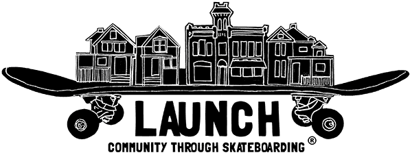 Launch logo showing a skateboard with a community of buildings on top 